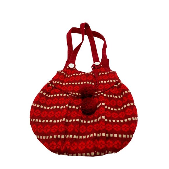 Knit Crocheted Red Boho Hand Shoulder Bag patterned with pom poms snap closure - Picture 10 of 10